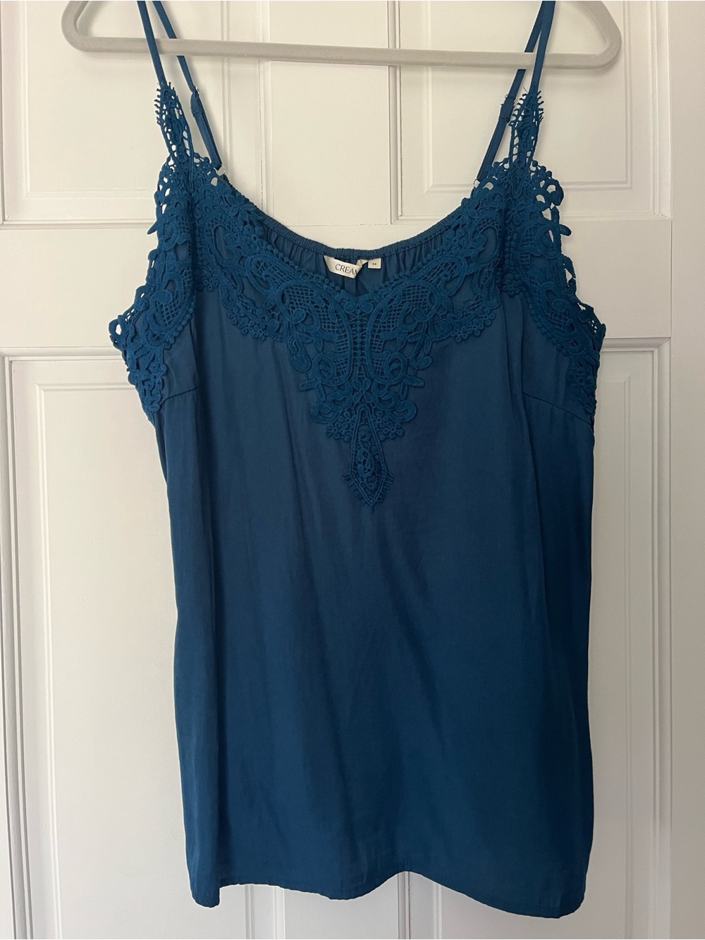 Cream-  Teal Crochet-Trim Spaghetti Strap Tank Top size 14